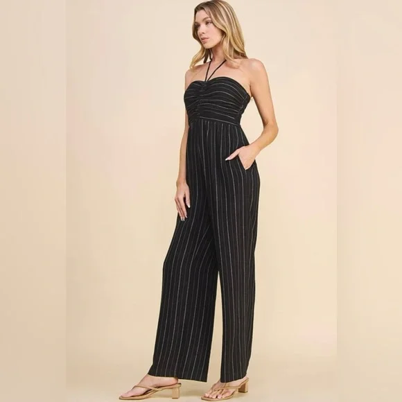 BNWT! Allie Rose, Harlow Halter Tie Jumpsuit in Black, Washed Pinstripe - Picture 2 of 12